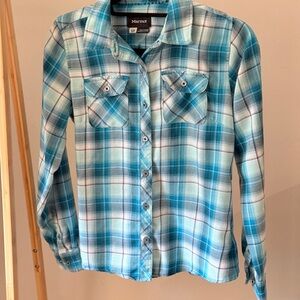 Marmot Turquoise and White Plaid Flannel Shirt, Women’s S